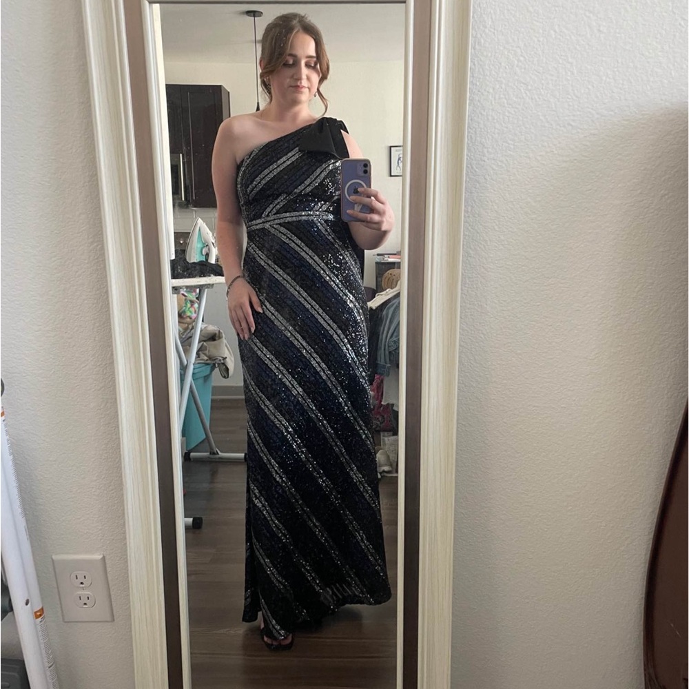 Marchesa Black and Silver One-Shoulder Dress